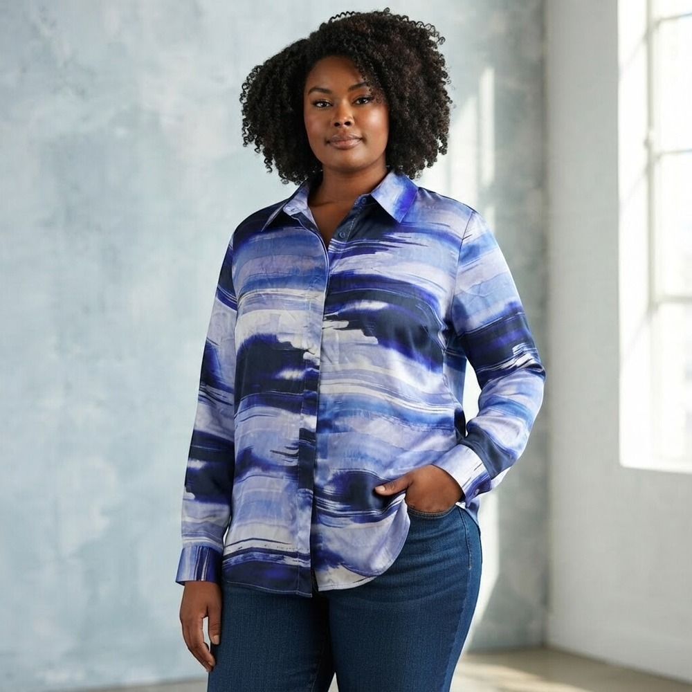 Chico's Button Down Shirt Size 3 XL Blue Purple Abstract Brushstroke Long Sleeve